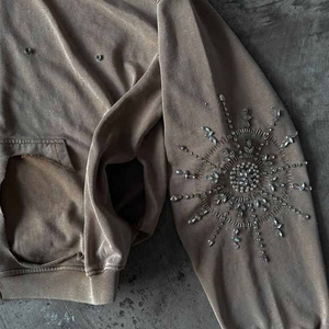 Sudadera con capucha con cremallera completa y diamantes de imitación desgastados de peso pesado de gran tamaño con hombros caídos 100% algodón personalizada - Product Image 4