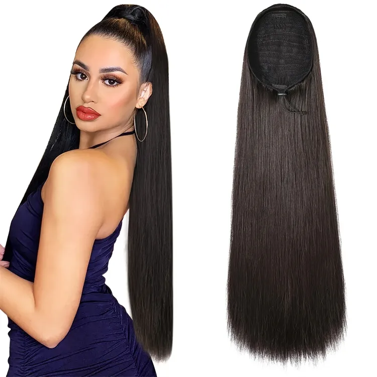 Venta al por mayor de extensiones de cabello humano de cola de caballo con clip de color natural de pelo humano recto con cordón de cola de caballo para Wome