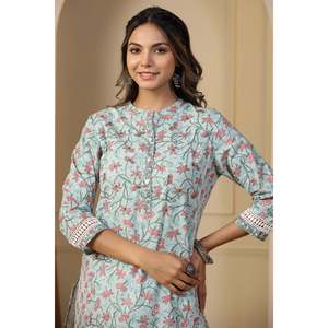 Kurti Recto de Algodón Estampado con Bloques Turquesa Redondos Hazira Rifat Jhaal, Largo hasta la Rodilla - Product Image 1
