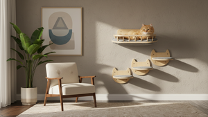 Arbre à chat rectangulaire moderne en bois massif avec hamac, design mural et fonction rétractable pour salon et extérieur - Product Image 3