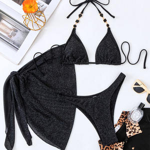 NEW fashion Fabric Mesh Short <b>Skirt</b> Three Piece Swimsuit Lace up Backless Bikini <b>Swim</b> Dress Beachwear - Product Image 3