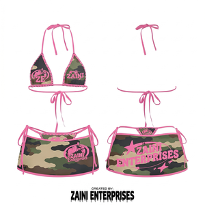 Bikini ZAINI ZI-063 pour femmes, 220 GSM, 100% polyester de qualité supérieure, rose uni, bordure contrastée, haut triangle, jupe courte taille haute, décolleté plongeant - Product Image 1