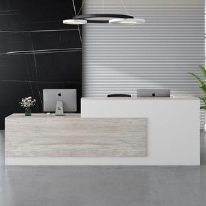Modern L Shape <b>Reception</b> Desk With Light Wood Top White Base Minimalist Office Furniture Commercial Front <b>Counter</b> Table - Product Image 5