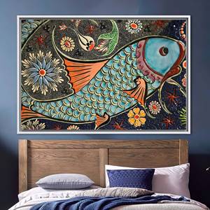 Toile imprimée : Art abstrait de poisson, Décoration murale de poisson aux couleurs vives, 1P : encadré blanc - Product Image 1