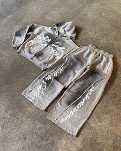 Conjunto Deportivo Personalizado de Fabricante, Sudadera con Capucha Estilo Urbano para Hombre, Talla Grande, Lavada, Desgastada, con Pedrería, Decolorada al Sol, Lavada al Ácido, con Cremallera - Product Image 3