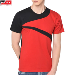 T-shirt décontracté en maille à manches courtes pour homme, col rond, coupe classique, design uni, blocs de couleur noir et rouge, avec bordure contrastante - Product Image 1