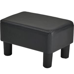 Repose-pieds ottoman rond moderne de petite taille en similicuir bleu avec assise rembourrée en mousse et pieds en métal noir brillant - Product Image 3