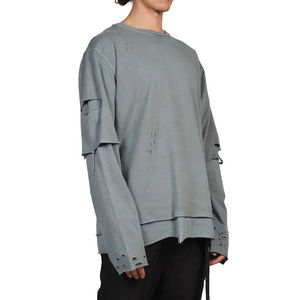 เสื้อยืดแขนยาวผู้ชายทรงหลวมสไตล์วินเทจ ล้างสีแบบแอซิด แต่งรอยขาด ดีไซน์สองชั้น น้ำหนักมาก - Product Image 4