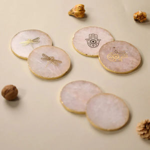 Rose Quartz <b>Coaster</b> Set Natural Crystal <b>Gold</b> Edge Hand Design Handmade Drink Mat Luxury Home Decor Gift - Product Image 2