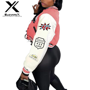 ELEVATEX INTERNATIONAL Women's Varsity <b>Jacket</b> <b>Pink</b> White Patchwork Full Sleeve Zipper Turn-down Collar Autumn Style - Product Image 1