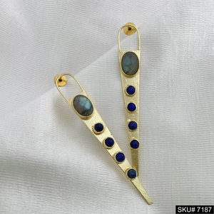 ต่างหูเม็ดเดี่ยวชุบทองอัญมณีสีน้ำเงินต่างหูทองเหลืองรูปทรงเรขาคณิตสำหรับการหมั้นต่างหูที่สวยงาม - Product Image 1