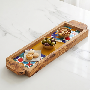 Aesthetic Square Serving Tray - Olivewood & Ceramic Tile Ottoman Tray for Modern <b>Coffee</b> <b>Table</b> Decor - Product Image 3