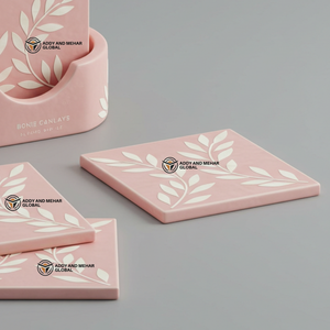 Proveedor Indio Ofrece Juego de Posavasos Cuadrados Hechos a Mano con Incrustaciones de Hueso Rosa y Blanco de 3 mm de Grosor, con Patrón Floral, Ecológicos y Duraderos - Product Image 5