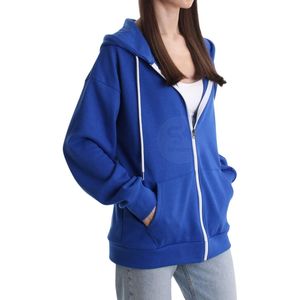 Sweat à capuche bleu royal zippé pour femme, sweat-shirt oversize à épaules tombantes, veste en molleton avec poche, logo personnalisé, manteau à capuche - Product Image 3