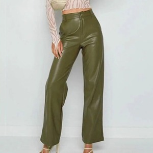 Pantalon taille moyenne taille haute pour filles Pantalon droit en faux cuir marron avec poches Vêtements d'hiver - Product Image 1