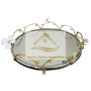 Plateau rond en laiton et verre en acier inoxydable avec fleurs bords décoratifs beau plateau artisanal indien fait à la main au meilleur prix - Product Image 1