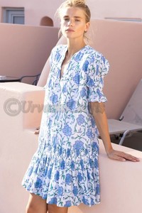 ทําจากผ้าฝ้ายน้ําหนักเบาvoileพิมพ์มือบล็อกตกแต่งsmockingรอบกระโปรงครึ่งแขนพร้อมรายละเอียดนัวเนีย - Product Image 5