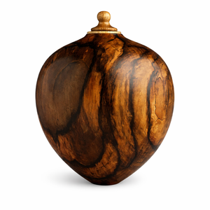 Urne en bois ronde tournée à la main avec une riche veine foncée et un couvercle décoratif pour les cendres de crémation - Product Image 1