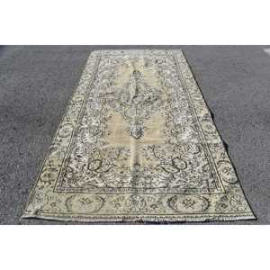 Alfombra turca Vintage Beige clásica 5,3X9,7 pies Diseño de retazos hecho a mano Material de viscosa de lana Respaldo de látex para uso en la sala de estar - Product Image 1