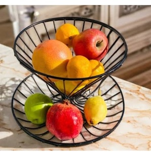 Panier de rangement pour légumes fait à la main, écologique, avec couvercle en bois, style unique, panier à fruits en fil de fer noir - Product Image 2