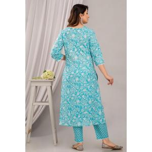 Light Blue Chiffon Floral Print Kurta with Yoke Design Three Quarter Sleeves & Coordinating Trousers & Dupatta - Product Image 2