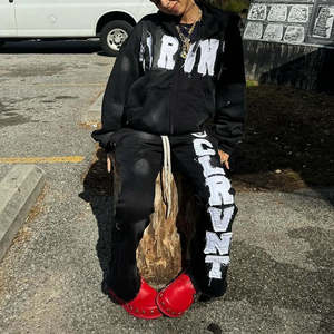 Custom Zip up Sweatsuit Acid Wash <b>Applique</b> <b>Patch</b> Embroidery Distresses Hoodie Jogging Tracksuit Flared Sweatpants and Hoodie Set - Product Image 6