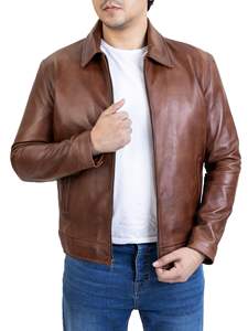 Veste en cuir de vachette véritable à col polo, qualité supérieure, style vintage, délavé, pour hommes - Product Image 4