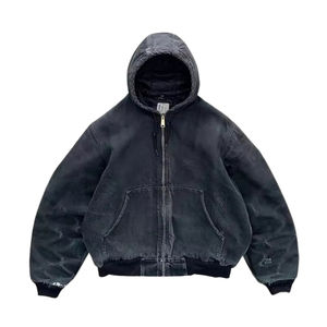 Sweat-shirt personnalisé en détresse avec capuche à cordon de serrage, sweat à capuche en denim zippé et délavé à l'acide pour les vêtements de rue - Product Image 2
