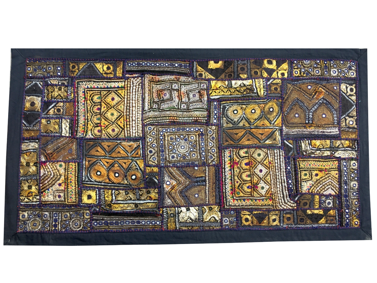 Grande Tapisserie Indienne Faite Main – Bleue, Broderie Zari, Patchwork Et Perles – Déco Ethnique