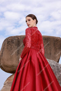 أنيق فستان زفاف رسمي أحمر طويل الأكمام لينة الساتان طول الكلمة مطرز مأدبة حفلة موسيقية فساتين السهرة - Product Image 6