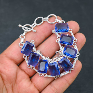 Pulsera de compromiso de boda de lujo chapada en plata de ley hecha a mano con piedras preciosas de iolita azul creada en laboratorio de 7-8 pulgadas - Product Image 4