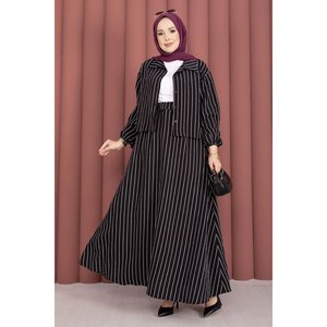 Black Striped Two-Piece Set Bow Collar Casual Summer Outfit XS-XL Crepe Fabric Top and <b>Skirt</b> - Product Image 4