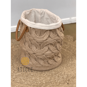 Cesta de Almacenamiento Trenzada de Yute Tejida a Mano de 12 x 14 Pulgadas con Forro y Asas de Cuero, Organizador Multiusos - Product Image 1