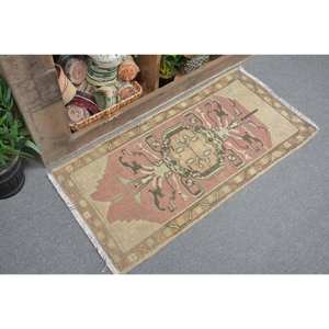 Alfombra de lana turca Vintage de 1,7x3,6 pies, diseño de retazos beige y rojo, tejido plano, respaldo de látex, respetuoso con el medio ambiente, comedor de pila media - Product Image 2