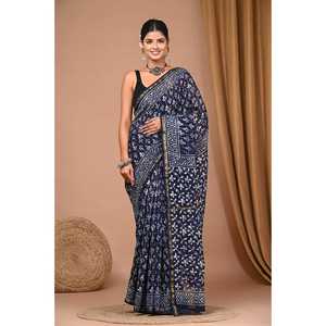 Sari de Seda Chandri Pintado a Mano con Modelo Banarasi, Estilo Bollywood Suave, Tela Pesada de Georgette y Modal para Fiestas, Precio Bajo - Product Image 1