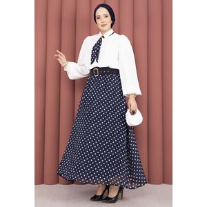 Conjunto de chifón azul marino para mujer, top holgado con estampado floral, pantalones cortos y pañuelo con falda con cinturón de lunares - Product Image 4