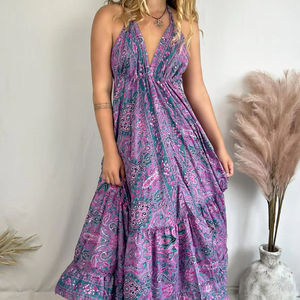 2025 sans manches dos nu Maxi robe été vacances Style femmes col en v profond taille naturelle 100% coton écologique - Product Image 1