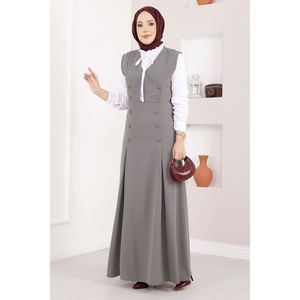 Elegante Conjunto Casual de Dos Piezas: Camisa Gris de Crepé y Chaleco con Botones, Corte Holgado, Estilo Corto - Product Image 4