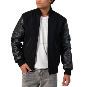 Veste Bomber Unisexe Style Urbain Vintage Varsity Letterman en Laine avec Manches en Cuir et Fermeture Éclair, Patchwork – Vente en Gros - Product Image 3