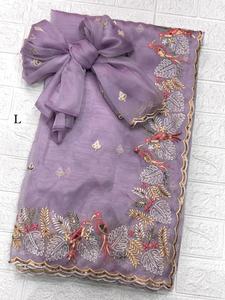 Sari de Organza de Leno Premium para Mujer con Bordado de Hilo y Lentejuelas en el Borde, Diseño de Corte, Hecho en India - Product Image 3