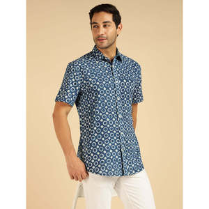 Amanush <b>Men's</b> Cotton Blue Polka Dot Printed Short Sleeve Casual Shirt Turn-down Collar Poplin Fabric Summer Wear <b>Mens</b> Shirts - Product Image 1