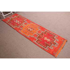 2.4x9.1 ft Turkish Herki Rug, <b>Red</b> Southwestern Vintage <b>Wool</b> Rug - Product Image 3