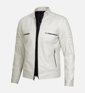 Veste de motard en cuir d'agneau véritable d'hiver pour hommes, décontractée, blanche, à col montant et fermeture à glissière, ODM Supply, couleur unie - Product Image 2