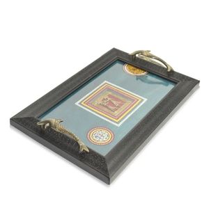 HandPainted Acrylic framed Blue Tray with Dhokra Brass Work Decorative Serving Platter for Breakfast table Decorative Kitchen - Product Image 1