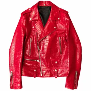 Mauroicardi Red Crocodile Print Faux Leather Biker Jacket Men Long Sleeve Zipper Designer Clothes Plus Size 4xl 5xl Spring Casu