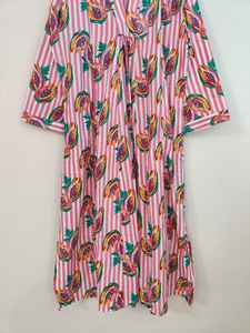 Vestido de algodón con estampado de frutas y rayas rosas |   Vestido de Fiesta Largo de Verano, Ligero y Transpirable, con Mangas Largas |   Vestido Elegante - Product Image 3