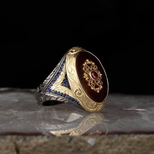 Nouveauté, bague pour homme en argent sterling 925 de style ottoman, finition bicolore or rhodié, RCEGYT-098, fabriqué en Turquie - Product Image 1