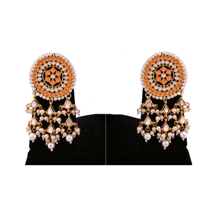 Boucles d'oreilles pendantes chandelier pour femme, plaquées or, design ethnique géométrique, ornées de cristaux et de perles, durables - Product Image 2