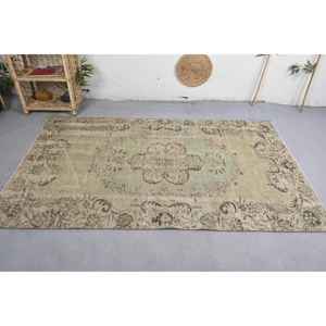 Alfombra de lana clásica Vintage, diseño de retales verde Beige, 4,3x7,2 pies, alfombra de felpa hecha a mano, sala de estar, adolescentes, rectángulo, pasillo, látex - Product Image 3