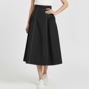 Jupe skater décontractée kaki pour femme avec taille élastique, design évasé, longueur midi, matière polyester/coton - Product Image 4